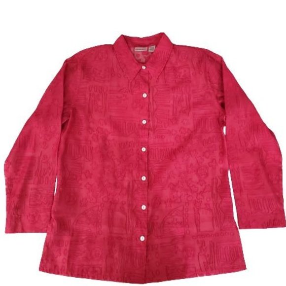Chico's Women's Pink Linen-Blend Burnout Long Sleeve Button Front Blouse Size 2 - Picture 1 of 9
